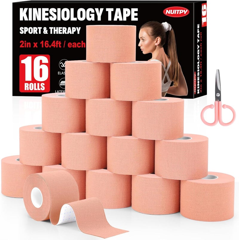 NUITPY 16 Rolls Kinesiology Tape, 2 inch x 16.4 Feet Waterproof Athletic Tape, Uncut Kinetic Tape, Elastic Muscle Tape, Sports Tape, Knee Tape for Exercise and Daily Use - Skin Color - Image 1